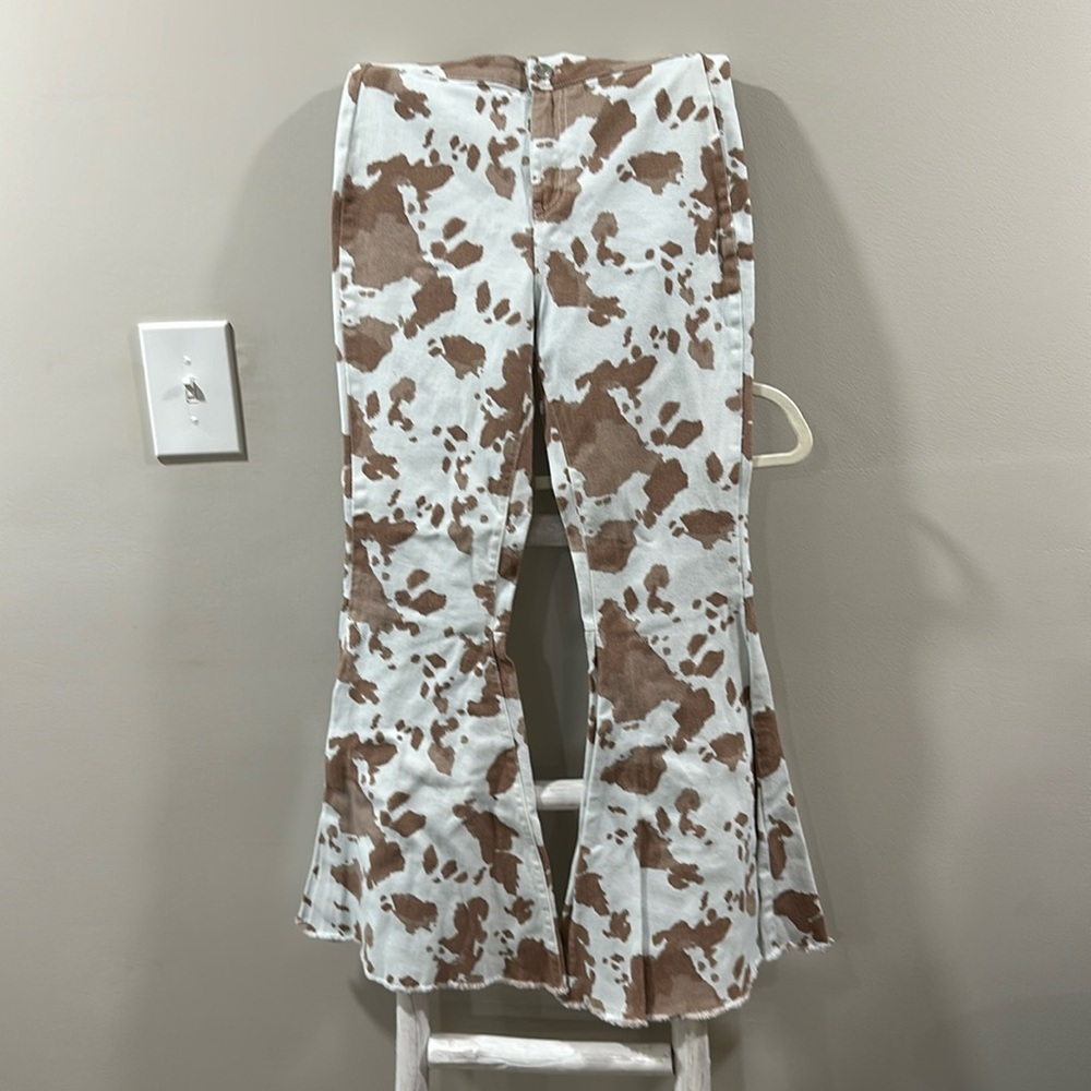 Women’s peach love cow print super flare jeans size S (maybe = to size 1/3)